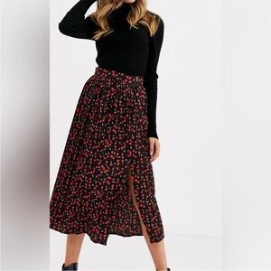 ASOS Wednesdays Girl Pleated Cherry Print Midi Skirt